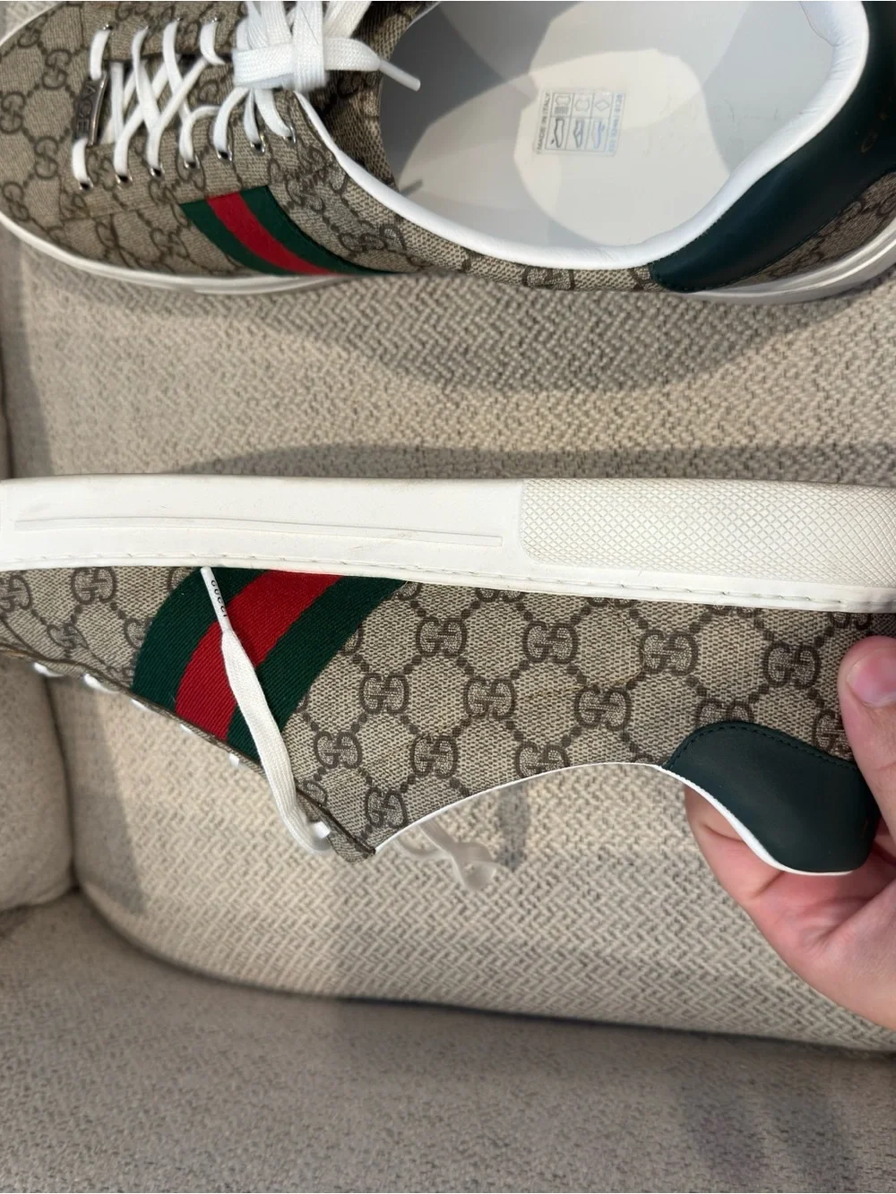 Gucci Beige GG Supreme Ace Sneakers with Green and Red Web